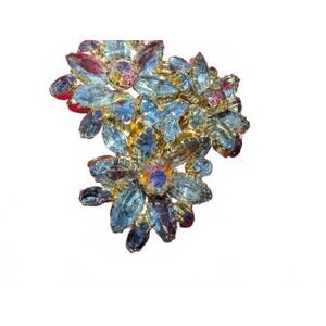 Vintage Gold Tone and Clear Rhinestone Floral Brooch